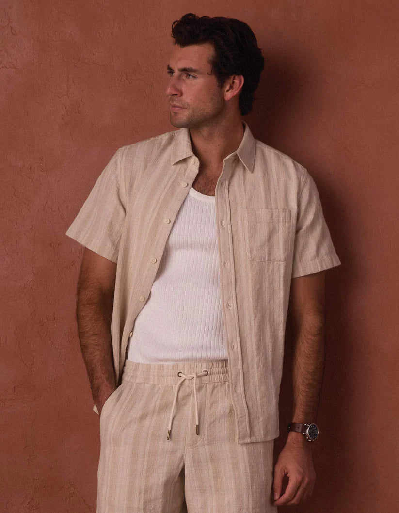 Normal Brand Men's Freshwater Short Sleeve Button Up Shirt In Sandstone Stripe