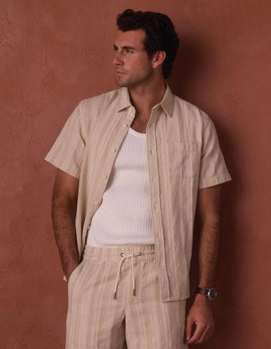 Normal Brand Men's Freshwater Short Sleeve Button Up Shirt In Sandstone Stripe