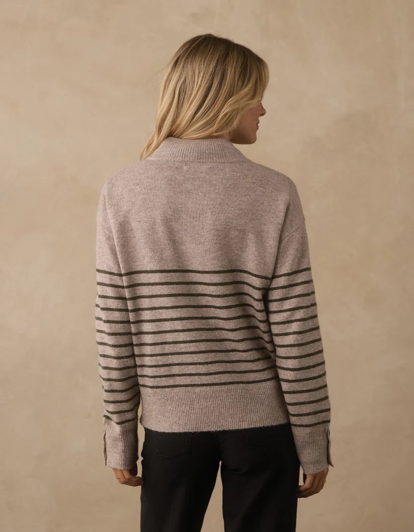 The Normal Brand Marianna Button Popover Sweater In Oat/Olive Stripe