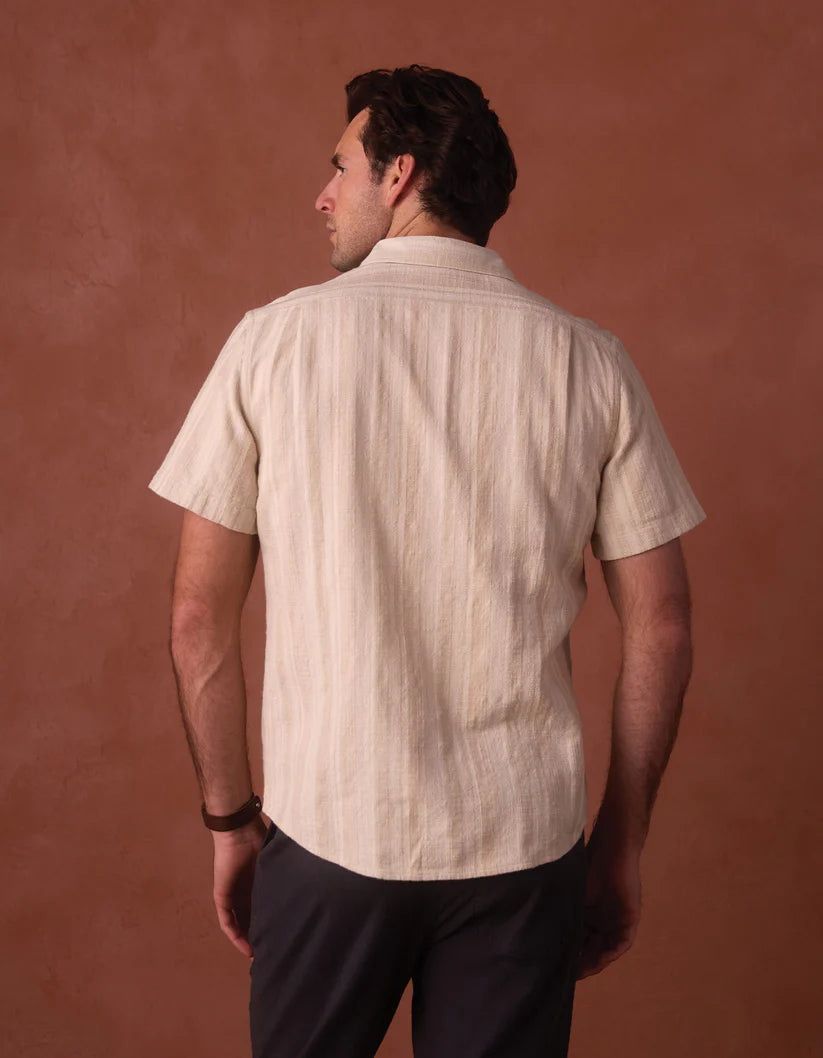 Normal Brand Men's Freshwater Short Sleeve Button Up Shirt In Sandstone Stripe