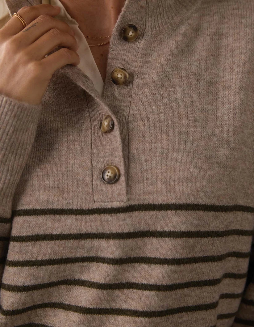 The Normal Brand Marianna Button Popover Sweater In Oat/Olive Stripe