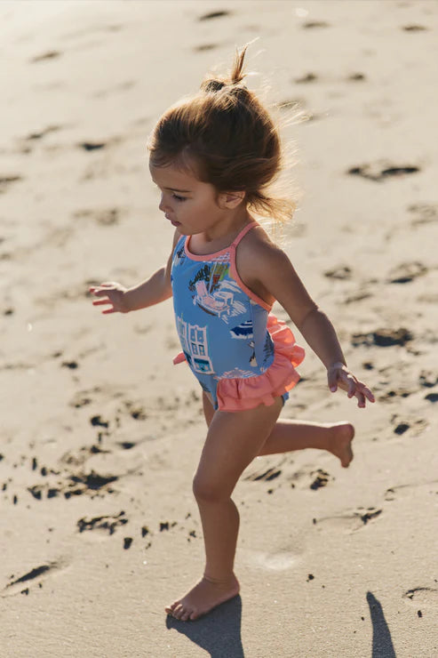 Hermoza Little Clementine Criss-Cross Back Ruffle One-Piece Swimsuit In Coast To Coast