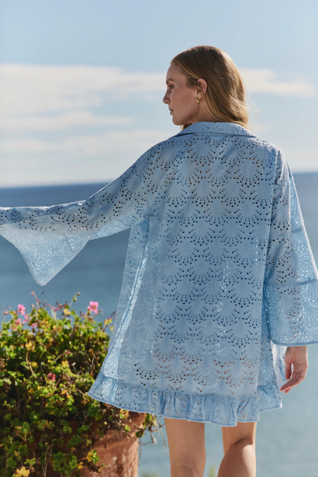 Hermoza Betty Flounce Sleeve Dress Cover-Up In Powder Blue Eyelet
