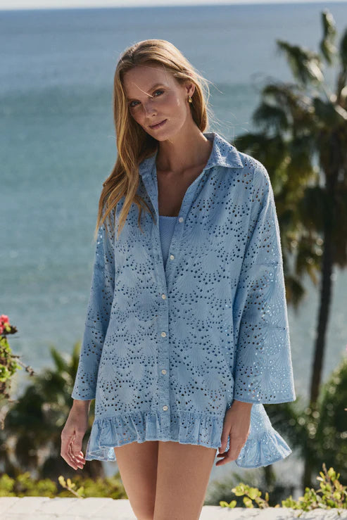 Hermoza Betty Flounce Sleeve Dress Cover-Up In Powder Blue Eyelet