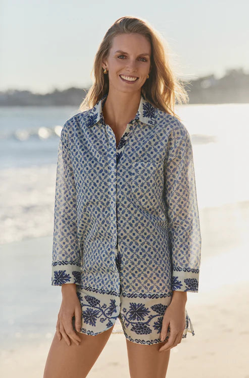 Hermoza Marie Button Front Collared Shirt Dress In Santorini Dots