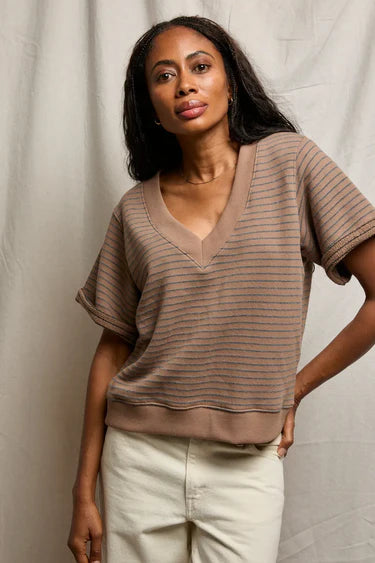 PerfectWhiteTee Briggs Stripe French terry V Neck Sweatshirt