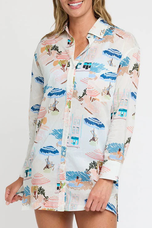 Hermoza Marie Button Front Collared Shirt Dress In Coast To Coast
