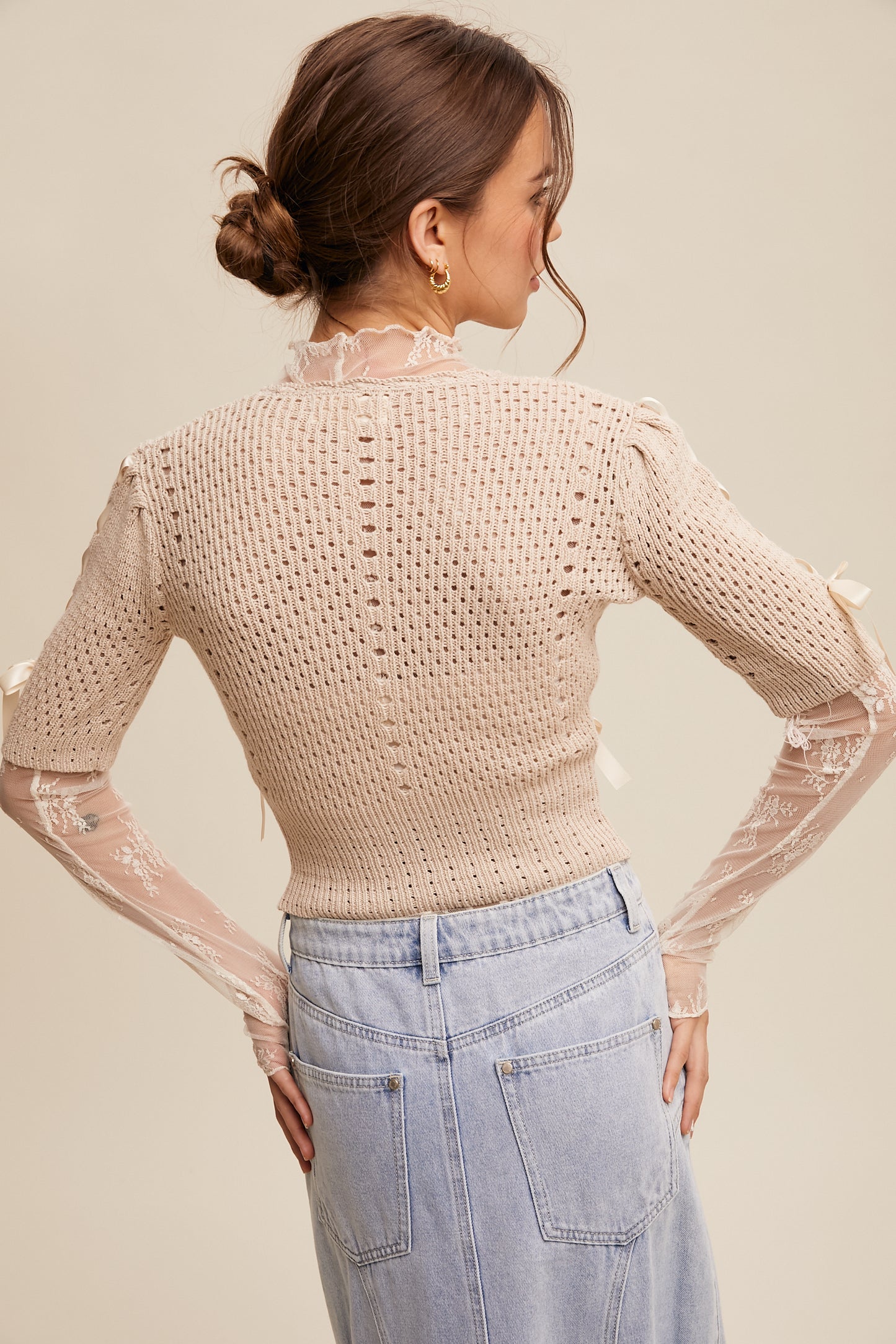 Listicle Pastel Knit Cardigan With Satin Bow Details