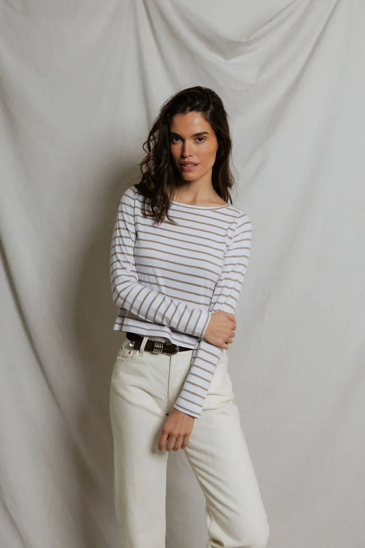 PerfectWhiteTee Parker Stripe Crispy Cotton Striped Long Sleeve Boat Neck Top