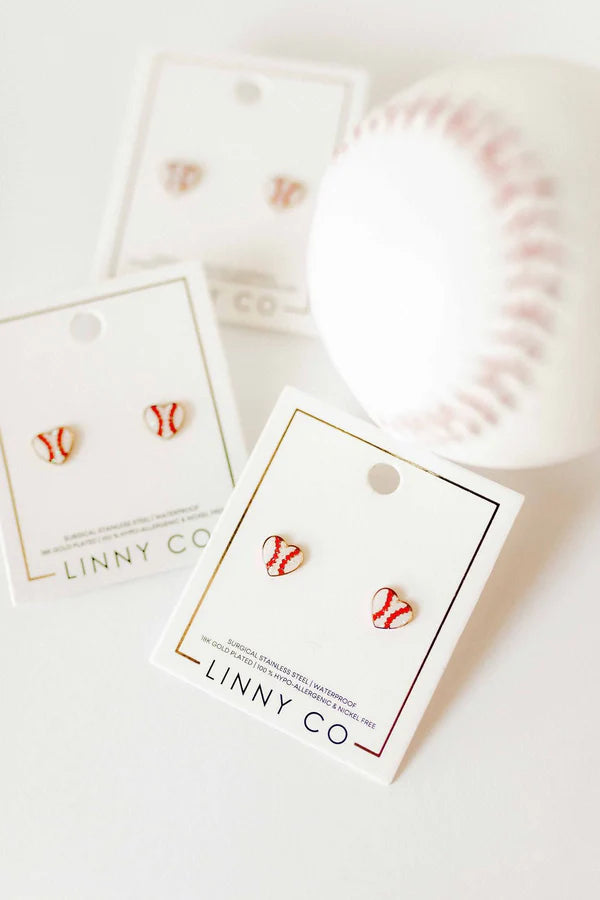 Linny Co. Screwback Stud Earrings - Baseball Heart