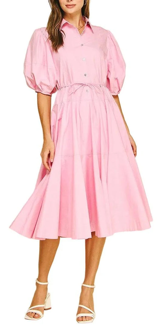 Pinch Button Down Tiered Midi Dress
