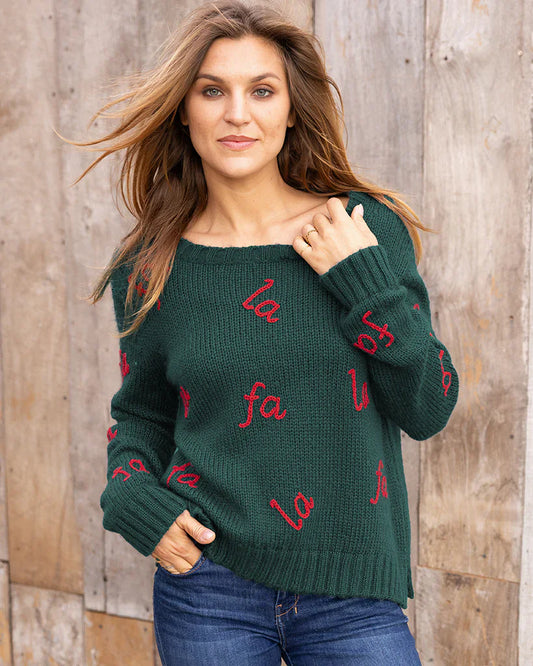 Wooden Ships FA LA LA Embroidered Chunky Crewneck Sweater